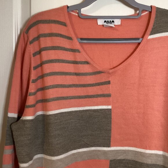 Alia Women's Sweater Size Petite (PL) Peach Gray Striped V-Neck Thin Lightweight - Picture 2 of 7